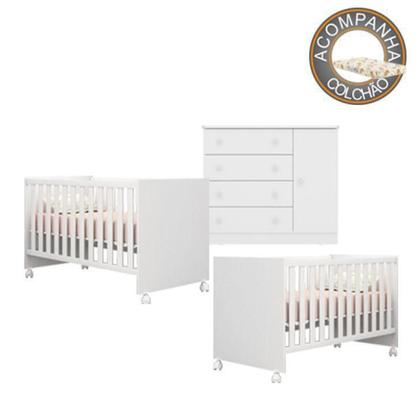 Imagem de Quarto de Bebê Berço Gemeos c/ Rodízios Colchão Nana Nenem e Cômoda Doce Sonho Branco Qmovi Umaflex