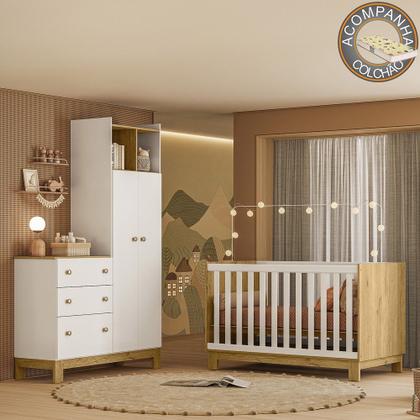 Imagem de Quarto de Bebê com Berço Mini Cama e Roupeiro com Cômoda QEncanto Slim Freijó Branco Acetinado Qmovi e Colchão Gazin