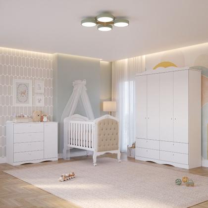 Imagem de Quarto de Bebê com Guarda Roupa 4 Portas Cômoda e Berço Capitonê 2 em 1 100MDF Laura Permobili