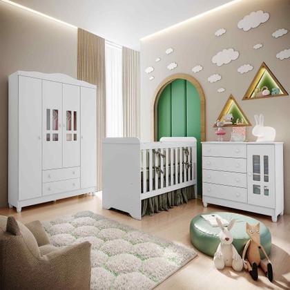 Imagem de Quarto de Bebê Completo Berço 3 em 1 Gabrielle Guarda Roupa 4 Portas Cômoda com Porta Fraldario Infantil Branco Carolina Baby