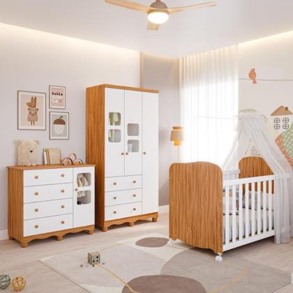 Imagem de Quarto de Bebê Completo com Guarda Roupa 3 Portas Berço Americano Cômoda Uli 4 Gavetas 100%MDF Móveis Peroba