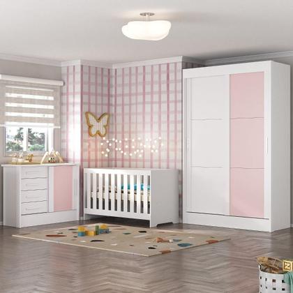 Imagem de Quarto de Bebê Completo Guarda Roupa 2 Portas 2 Gavetas com Cômoda e Berço Maya Espresso Móveis Branco/Rosa