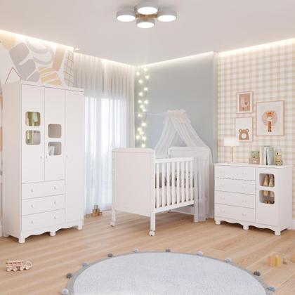 Imagem de Quarto de Bebê Completo Guarda Roupa Uli 3 Portas 3 Gavetas Berço Mini Cama Cloe 2 Em 1 Cômoda Uli 4 Gavetas 1 Porta 100%MDF Móveis Peroba