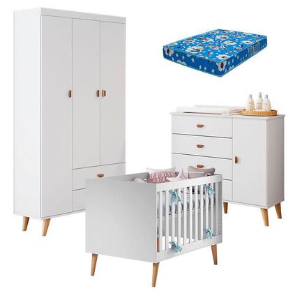 Imagem de Quarto de Bebê Duda com Berço Americano Ludmila Branco Acetinado Bétula e Colchão Ortobom - Carolina