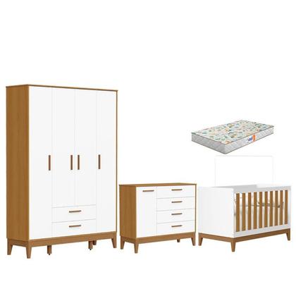 Imagem de Quarto de Bebê Flip Guarda Roupa 4 Portas Branco Acetinado Savana com Colchão Gazin - Reller