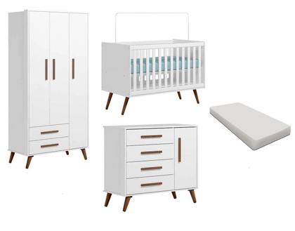 Imagem de Quarto De Bebê Q Encanto Retrô Branco Brilho Com Colchão - Qmovi