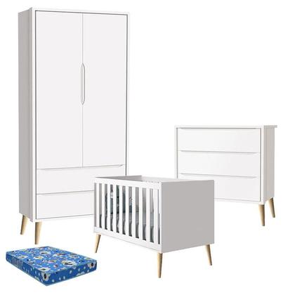 Imagem de Quarto de Bebê Theo 2 Portas com Colchão e Cômoda Gaveteiro Branco Acetinado Pés Madeira Natural - Reller