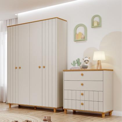 Imagem de Quarto de Infantil Completo Guarda Roupa 4 Portas e Cômoda 4 Gavetas 100 MDF Lívia Permobili