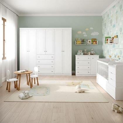 Imagem de Quarto Infantil 6 Portas Americano com Berço Multifuncional Cleo Ambiente Branco Fosco - Henn