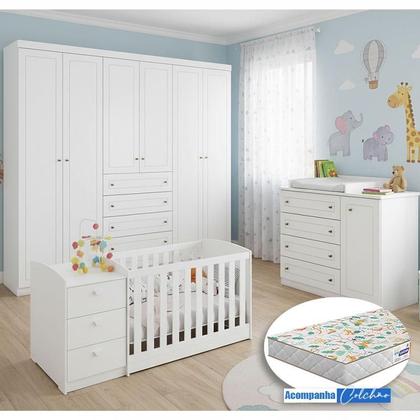 Imagem de Quarto Infantil Americano 6 Portas com Berço Multifuncional Atlanta Ambiente Branco Fosco e Colchão Gazin - Reller