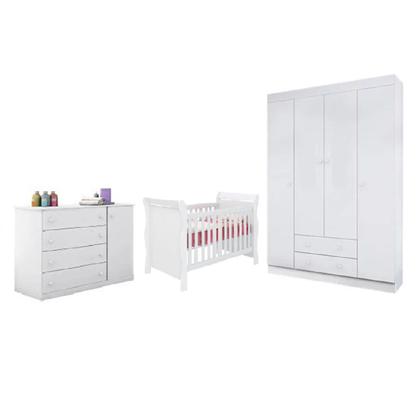 Imagem de Quarto Infantil Branco Berço Americano Colonial + Guarda Roupa Roupeiro e Cômoda MDF Flat Mel 4 Gv