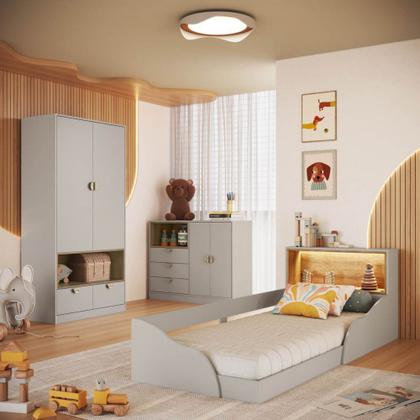 Imagem de Quarto Infantil Cama Solteiro Montessoriana Led Cômoda Guarda roupa CJ076 Lille Art In Móveis