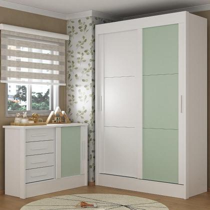 Imagem de Quarto Infantil Completo Guarda-Roupa 2 Portas 2 Gavetas Com Cômoda Maya Espresso Móveis Branco/Verde