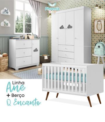 Imagem de Quarto Infantil Nuvem e Berço Q Encanto Retrô Branco _ Phoenix Baby + Qmovi