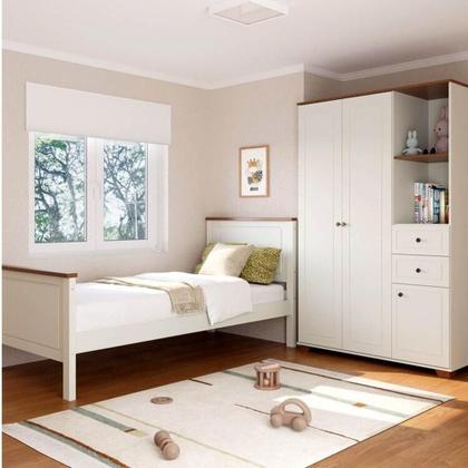 Imagem de Quarto Juvenil Funcional Cama Solteiro e Guarda Roupa Ananda Casatema Off White/Mel