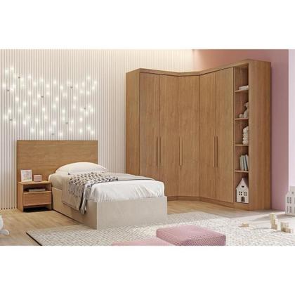 Imagem de Quarto Modulado Solteiro Rizon 5 Peças (1 Closet + 2 Guarda Roupas + 1 Complemento + 1 Cabeceira) QC210 Freijo Cumaru - Novo Horizonte