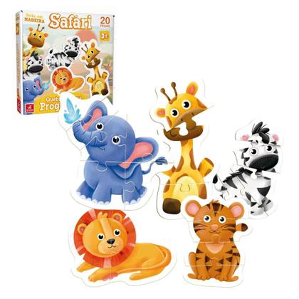Imagem de Quebra Cabeça Progressivo Safari 20 Peças Gigantes Em Madeira Brincadeira de Criança +3 Anos