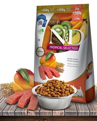 Imagem de Ração Seca ND Tropical Selection Salmão, Cereais e Frutas Tropicais para Cães Adultos de Raças Mini - 2 0,5Kg