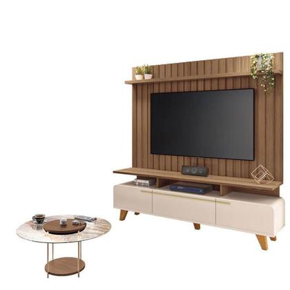 Imagem de Rack Bancada Essenza E Painel Link Com Mesa De Centro Sky Com Tampo De Vidro Off White Castanho  Hb Móveis