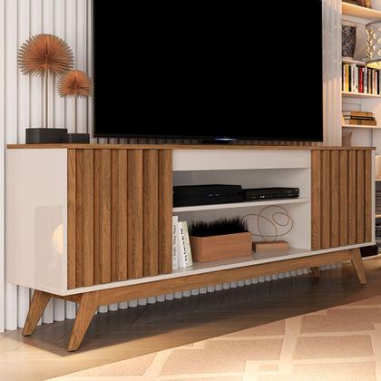 Imagem de Rack para TV Até 60 Polegadas Malibu Wood Retrô 2 Portas 1 Prateleira Off White/Freijó - Giga Móveis