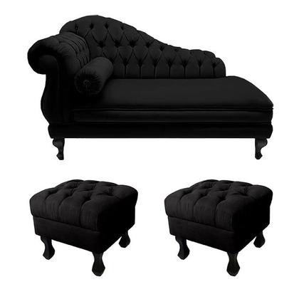 Imagem de Recamier Divã Namoradeira Larissa 150cm + 2 Puffs Retrô Suede Preto  - LM DECOR