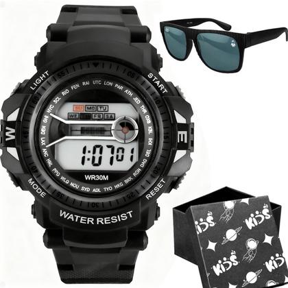 Imagem de Relogio Digital Infantil Led Preto + Oculos Sol + Caixa adolescente cronometro ajustavel proteção uv menino criança data