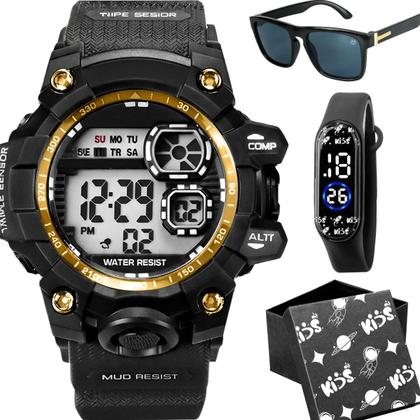 Imagem de Relogio digital prova dagua + oculos sol protecao uv dourado preto criança cronometro silicone menino qualidade premium
