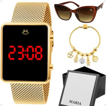 Imagem de relogio feminino banhado led caixa dourada + pulseira + oculos silicone casual moda social proteção uv qualidade premium