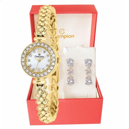 Imagem de Relógio Feminino Champion Dourado Pequeno Luxo CF25536H + Brincos