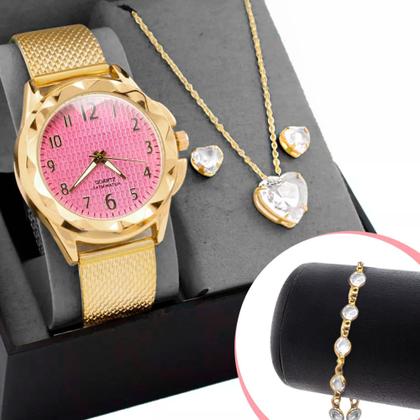 Imagem de Relógio Feminino Quartz Original Prova Dágua + Kit Banhado Ouro 18k