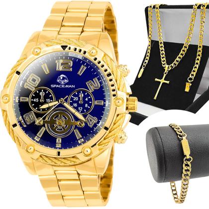 Imagem de Relogio inox banhado masculino + pulseira cordao grumet dourado aço inoxidável original religioso presente social ouro