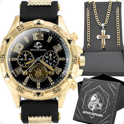 Imagem de Relogio Masculino Aço Banhado + Caixa + Crucifixo Cordão catolico presente silicone religioso dourado social ouro grumet