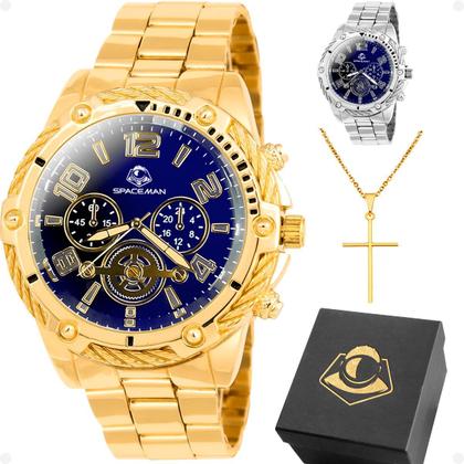 Imagem de Relogio Masculino Banhado + Cordao Grumet + Pingente Cruz qualidade premium social original aço inoxidável presente ouro