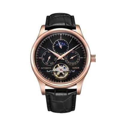Imagem de Relógio Masculino Mecânico Automático LIGE - Retrô, Couro Genuíno, à Prova d'Água e Estilo Militar