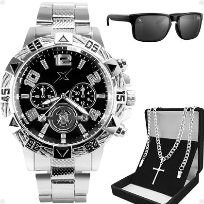 Imagem de Relogio Masculino Prata + Cordão Cruz + Oculos Sol robusto religioso inoxidável crucifixo cruz pesado casual analogico