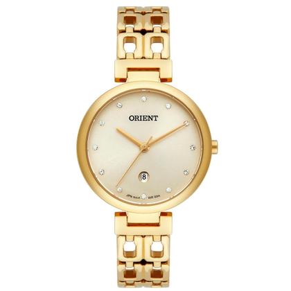 Imagem de Relogio Orient feminino dourado pequeno pulseira de elos calendario sofisticado luxo cravejado pedrinhas  FGSS1199 C1KX