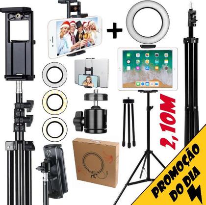 Imagem de Ring Light Aro de Luz Led Anel Iluminador + Tripé Pedestal Profissional 2 Metros Suporte Tablet Celular Universal