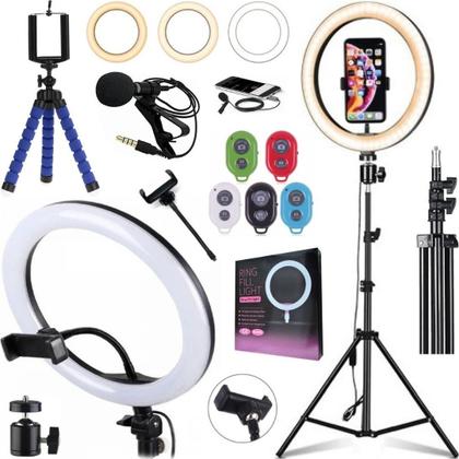 Imagem de Ring Light Led 26cm com Tripé 2 metros Microfone Lapela Celular Gravação Vídeo Filmagem