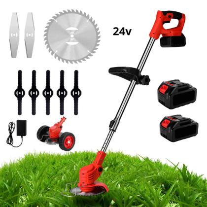 Imagem de Roçadeira 24v Cortador De Grama Elétrico Recarregável Com Rodas 2 Baterias