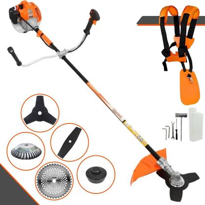 Imagem de Roçadeira Aparador de Grama Vulcan VR520H À Gasolina 52cc 2,5HP 10.000rpm Profissional Multifunções Com Carretel + Lâmina Facão + Lâmina 3 Pontas + Lâmina 40 Dentes de Vídea + Escova de Aço 38 Cerdas