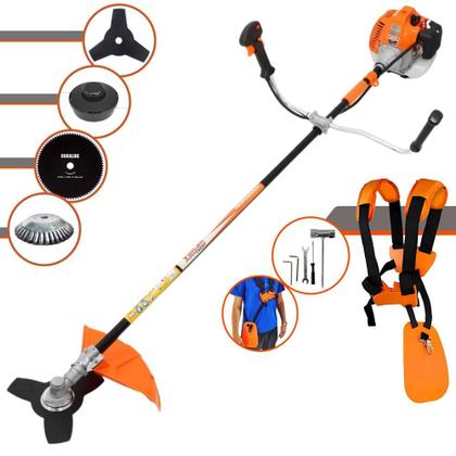 Imagem de Roçadeira Máquina de Corta Grama Multifunções Vulcan VR520H À Gasolina Motor 2T 52cc 2,5HP Alta Performance Com Carretel Nylon e Lâmina 3 Pontas + Kit Extra Lâmina 80 Dentes e Escova de Aço Circular
