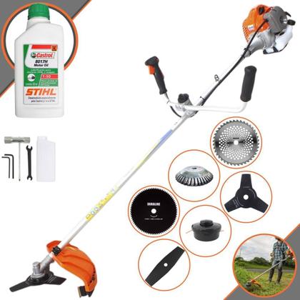 Imagem de Roçadeira Robusta À Gasolina Vulcan VP430P 43cc 1,7HP 10000rpm Aparador de Grama 6 Em 1 C/ Carretel + Faca 2 Pontas + Faca 3 Pontas + Faca 40 Dentes Vídea + Faca 80 Dentes + Escova de Aço + ÓLEO STIHL