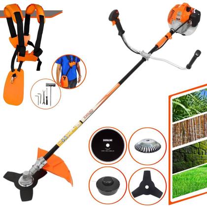 Imagem de Roçadeira Vulcan VR520H À Gasolina Motor 2 Tempos 52cc 2,5HP 10000rpm Podador de Grama Profissional Completo 4 Em 1 Com Carretel de Nylon + Lâmina 3 Pontas + Lâmina 80 Dentes + Escova de Aço 38 Cerdas