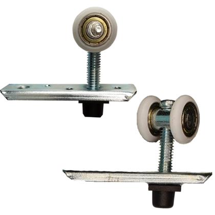 Imagem de Roldana 2 rodas para trilho stanley fênix, 22mm, eixo em ferro, acompanha freio injetado de presente