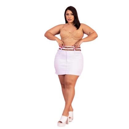 Imagem de Saia Curta Plus Size Branca Feminina Cintura Alta Com Cinto