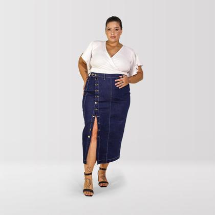 Imagem de Saia jeans feminina plus size midi com botões 46 ao 58