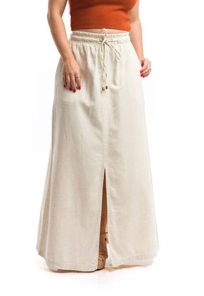 Saia Longa De Linho Evasê Bege Restrito Jeans Saia Feminina