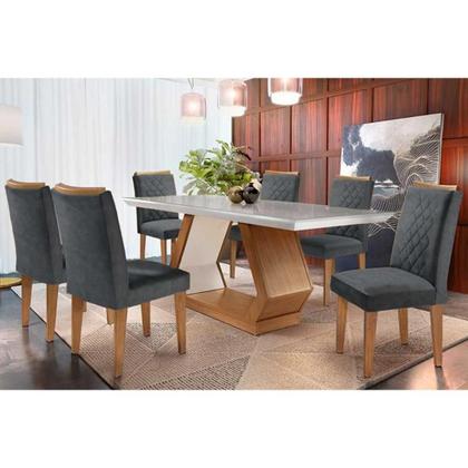 Imagem de Sala de Jantar Completa Alvorada Tampo Madeirado c/ Vidro Canto Reto 180x90cm e 6 Cadeiras Jade Imbuia/Off White - Linho Grafite - Rufato