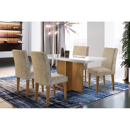 Imagem de Sala de Jantar Completa Berlim c/ Tampo Madeirado c/ Vidro Canto Reto 120cm + 4 Cadeiras Grécia Imbuia/Capuccino Chocolate - Rufato