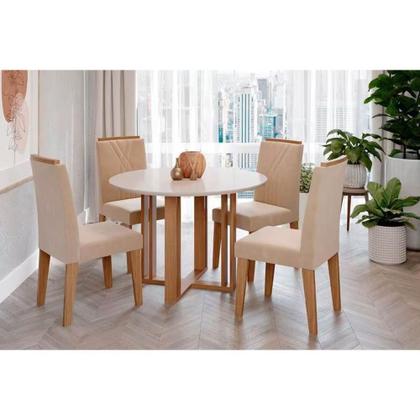Imagem de Sala de Jantar Completa Flora c/ Tampo Madeirado 109cm e 4 Cadeiras Nicole Cinamomo/Off White - Savana/Nature-Suede Nude - Cimol